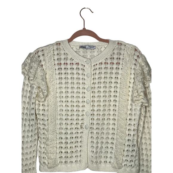 Zara Pointelle Open Knit With Ruffles Ivory Ecru Long Sleeve Button Up Sweater M - Picture 2 of 8